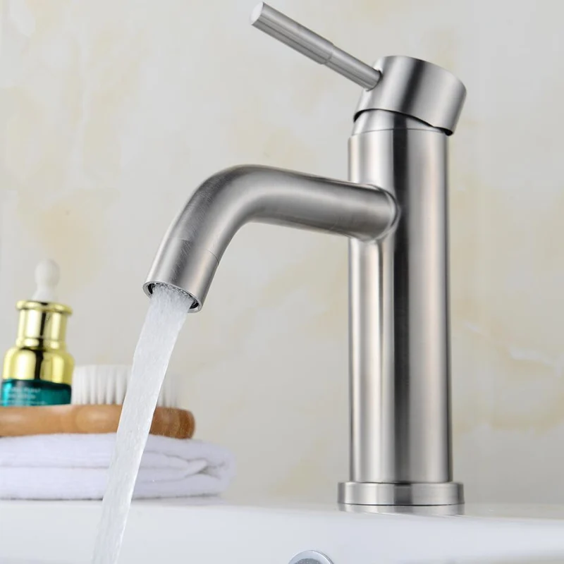 304 нержавеющая сталь Ванная раковина кран никелевая матовая одинарная ручка Soild