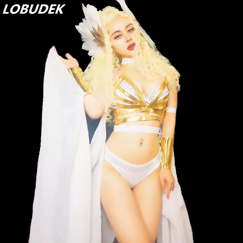 

White Crystals Bikini Gold Sequins Bra Shawl Feather Headdress Outfit Women Party Catwalk Stage Wear Nightclub DJ Singer Costume