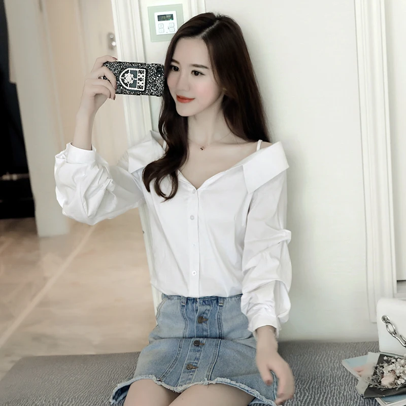 Мода 2019 Лето Slash шеи женские белые блузки с длинным рукавом элегантные девушки