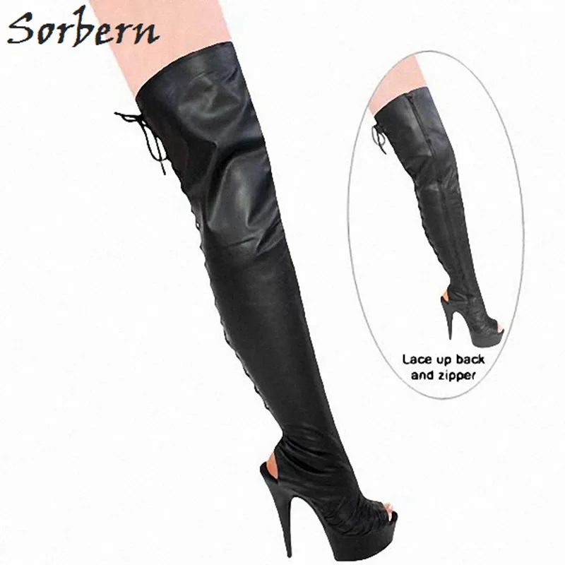 

Sorbern Sexy Black Lace-Up Back Boots Over The Knee Ladies Shoes Zipper High Heel Platform Boots Fetish Stiletto Heel Boots 2018
