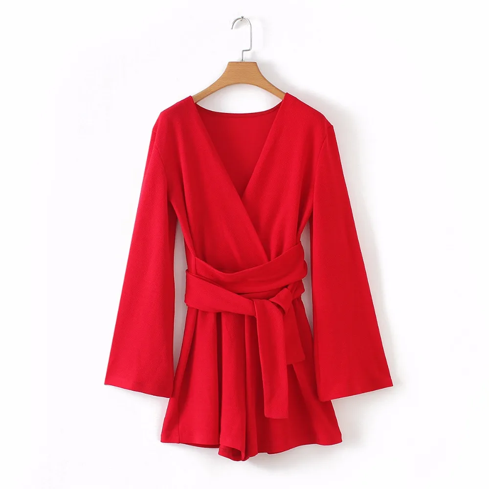 JuneLove Women Long Flare Sleeve Playsuits Vintage Sexy V-Neck Female Solid Casual Sashes Loose Lady Romper | Женская одежда