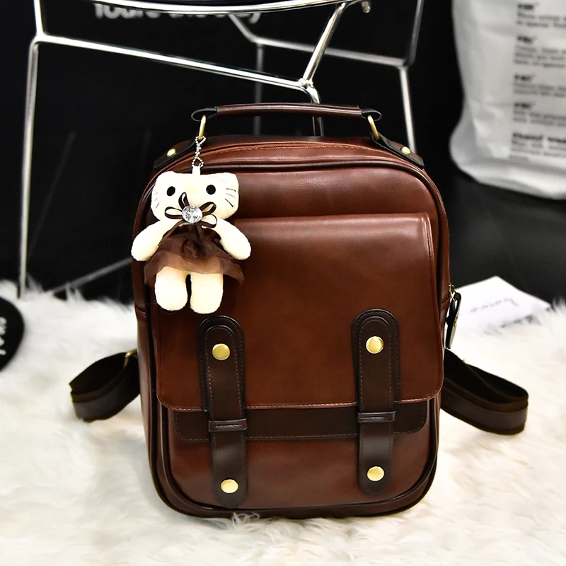 Brown Women Female Brand Back Pack College Style Leather Backpack School Back pack Vintage Student Schoolbag Retro Rucksack Square - Цвет: Brown