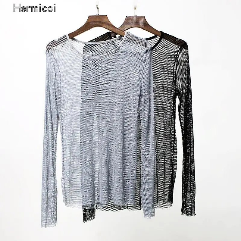 Модная женская сексуальная черная прозрачная сетчатая рубашка Hermicci свободная