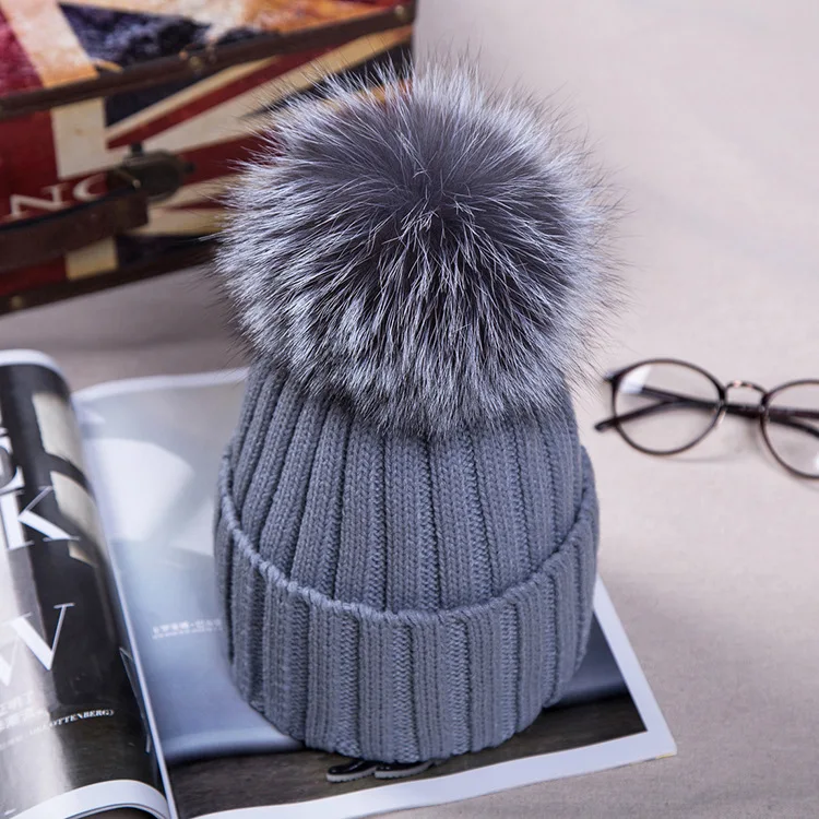 

2016 New fashion Autumn Winter Women Cap Fox Fur Ball Hat Pom Poms 15CM Cap Female Warm Beanies Crochet Knit Beanie Hats Caps