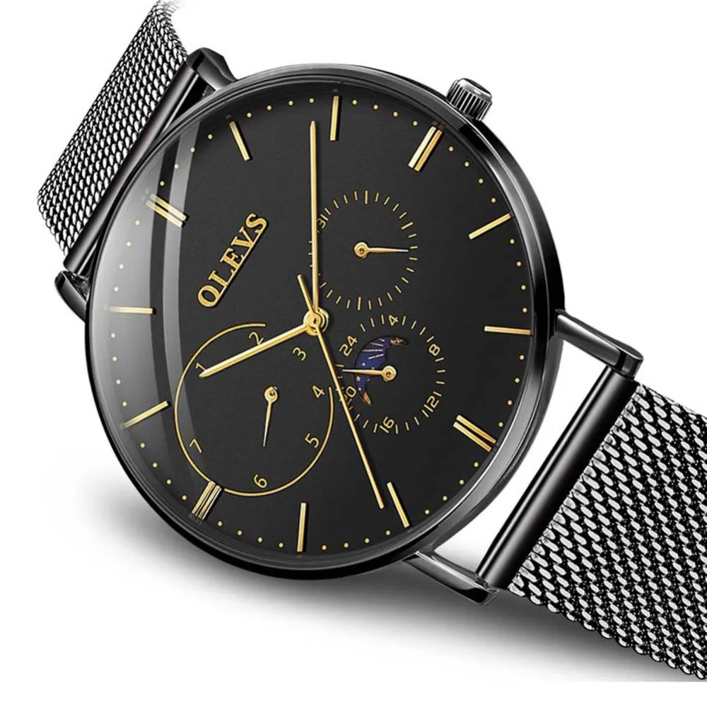 

Часы наручные OLEVS мужские водонепроницаемые, брендовые Роскошные ультратонкие кварцевые с черным стальным браслетом