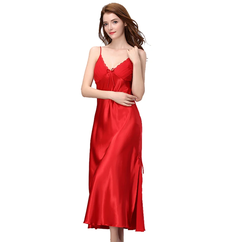 

Brand New 2018 Long Satin Nightgown Women Night Dress Sleepwear Ankle-Length Spaghetti Strap Sexy Negligees Lace Solid Color