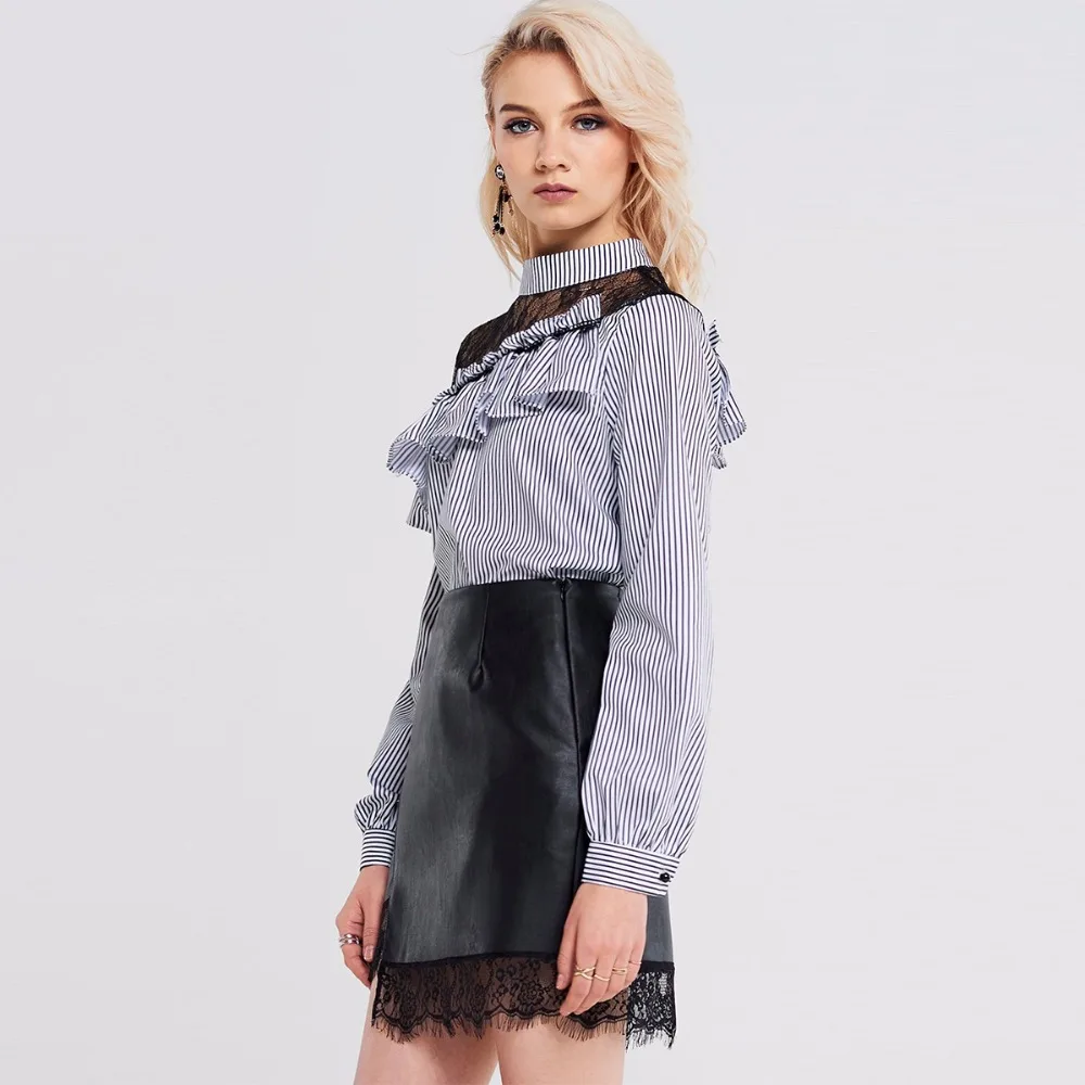 Darcydebie 2018 Women Sweet OL wind asymmetric inclined shoulder lace stitching perspective flounce shirt Lace Patchwork Blouse |