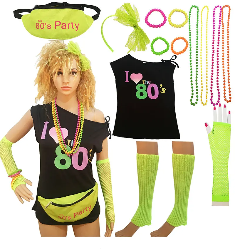 80s тема вечерние подарки 80s Костюм для женщин и аксессуары набор подарок для девушки поясная Сумка Браслет повязка на голову 80s футболка подарок
