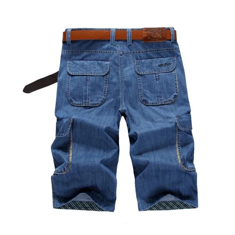 JEANS BLUE Новые брендовые летние мужские джинсы, Короткие хлопковые повседневные шорты-карго с карманами, свободные мешковатые шорты-шаровары синего цвета, большие размеры - Цвет: JEANS BLUE