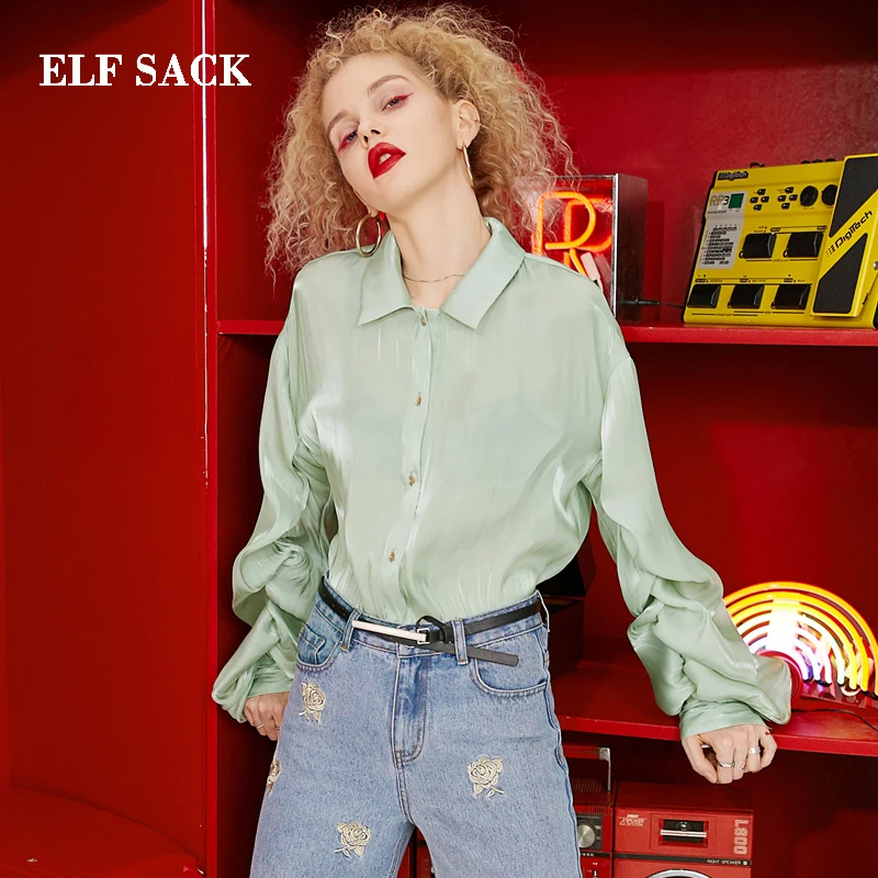 ELFSACK 2019 New Oversized Woman Shirts Solid Casual Women Blouse Stylish Puff Sleeve Femme Streetwear Ladies Blouse|Блузки| |