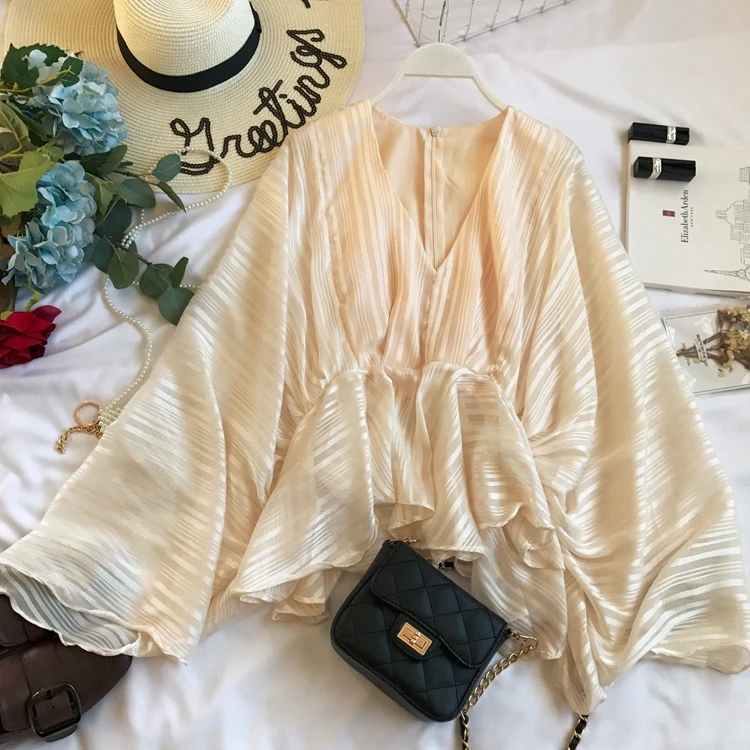 Apricot Neploe ледяной шелк полосатые женские блузки лето корейский v-образный вырез рукав летучая мышь блуза Высокая талия оборки рубашки с завязками 44815 - Цвет: Apricot
