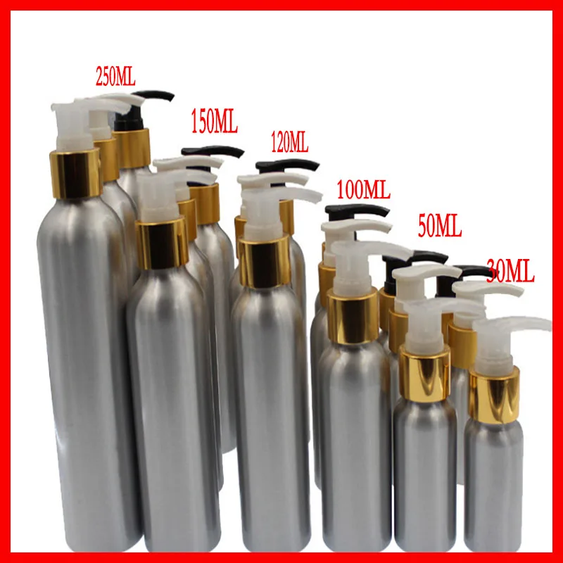 30/50/100/120/150/250ml  aluminum bottle cosmetics bottle makeup Refillable Bottles w gold collar press pump CONTAINER