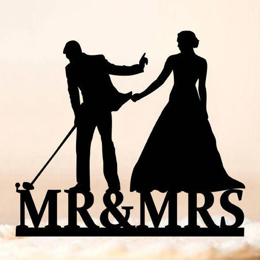Гольф свадебный торт Топпер невеста потянув жениха силуэт Mr & Mrs Lover Ever тема