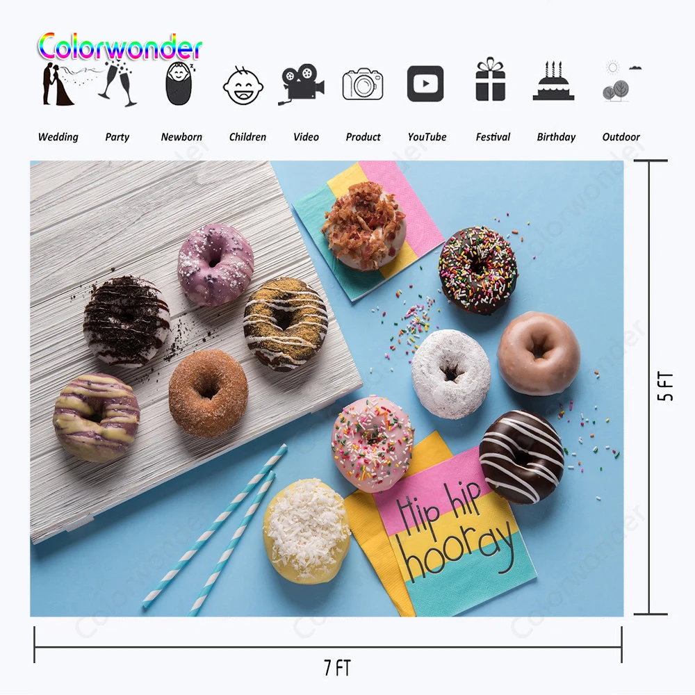 Фон для фотосъемки Милая Конфета мир красочные пончики 7x5 футов синяя стена с