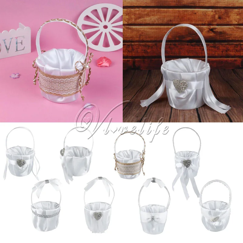 Белые свадебные украшения Цветочная корзинка для девочки с атласными лентами