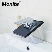 monite waterfall black glass chrome brass deck mounted single handle bathroom wash basin sink vessel vanity faucet mixer tap