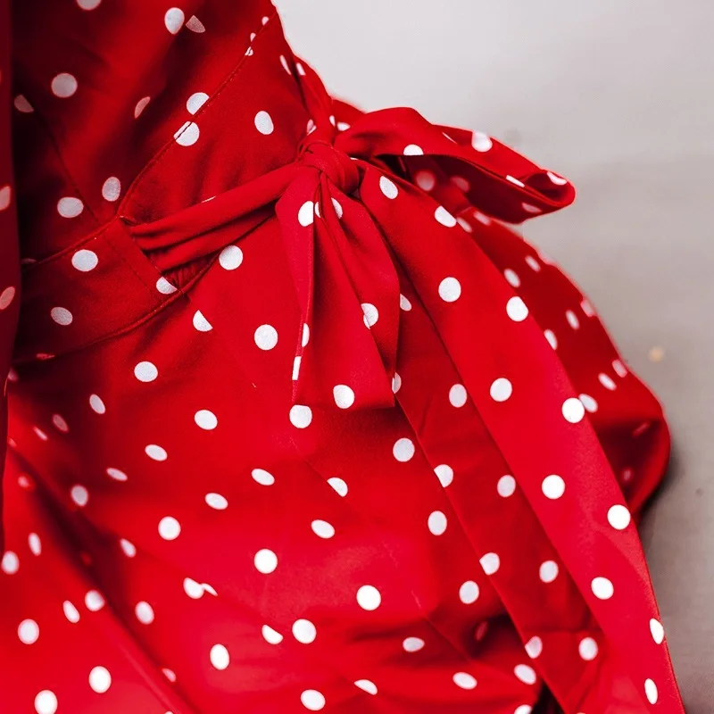 Платье женское длинное в красный горошек повязка пояс с запахом Осеннее вечернее