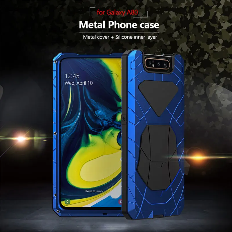 For Samsung Galaxy A80 Phone Case Hard Aluminum Metal Tempered Glass Screen Gift Protector Cover Heavy Duty Protection Cover