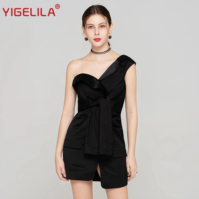 YIGELILA модное женское маленькое черное платье летнее однотонное сексуальное с v