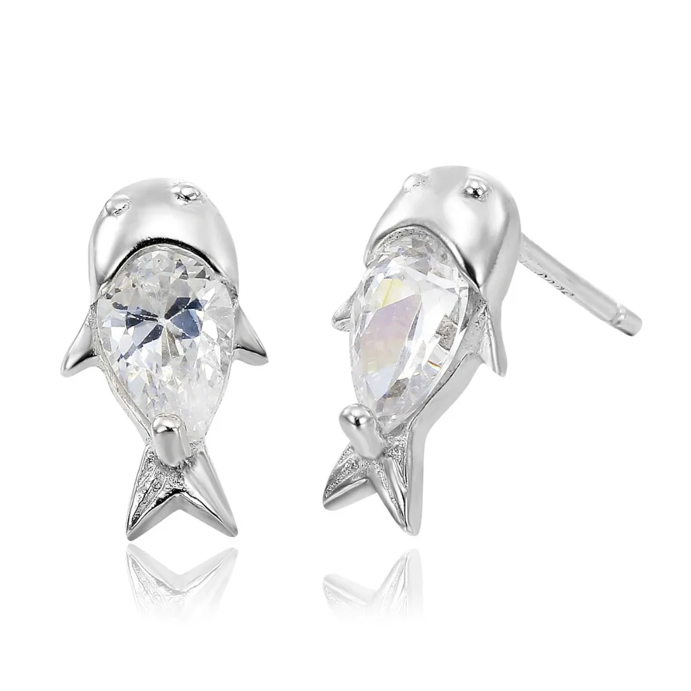 Милые тонкие стерлингового серебра 925 пробы рыбы Pave CZ Циркон Малый Серьги