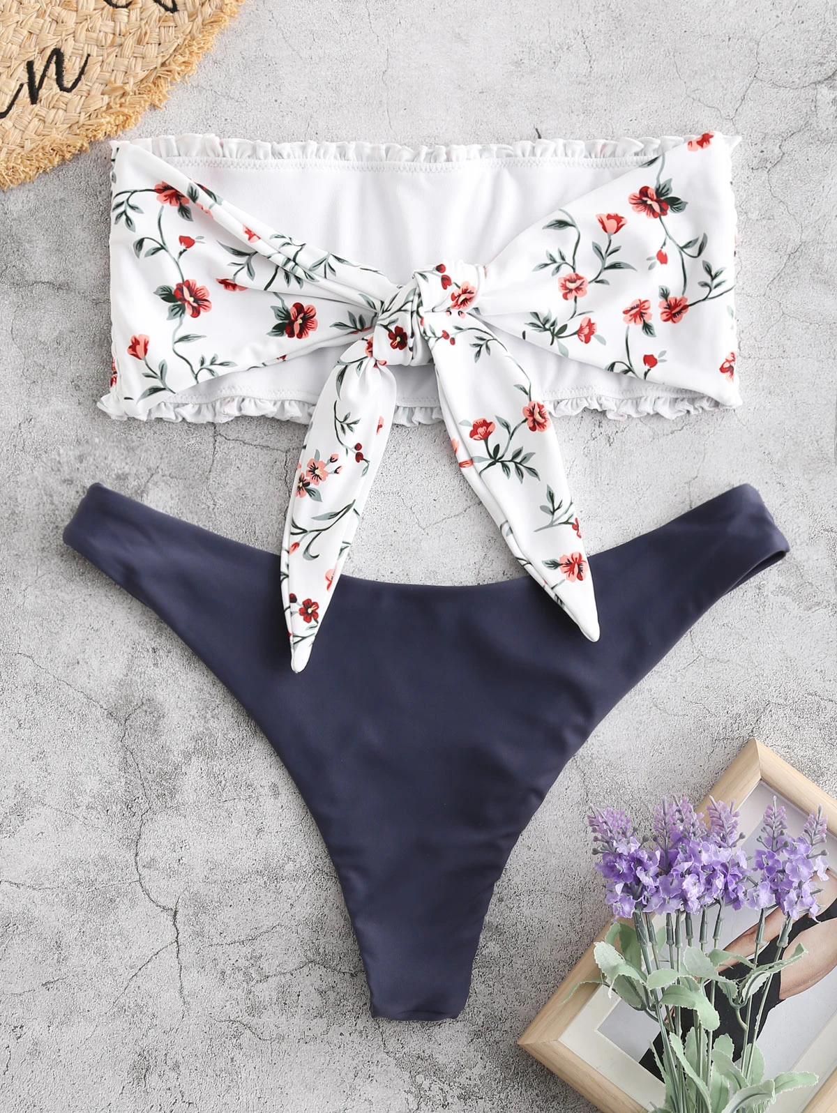 ZAFUL Бикини Растрепанный Растительный Принт Bandeau Bikini Set Женщины Без Бретелек Купальник Без Проводов Эластичный Купальник С Низкой Талией Без Подкладки