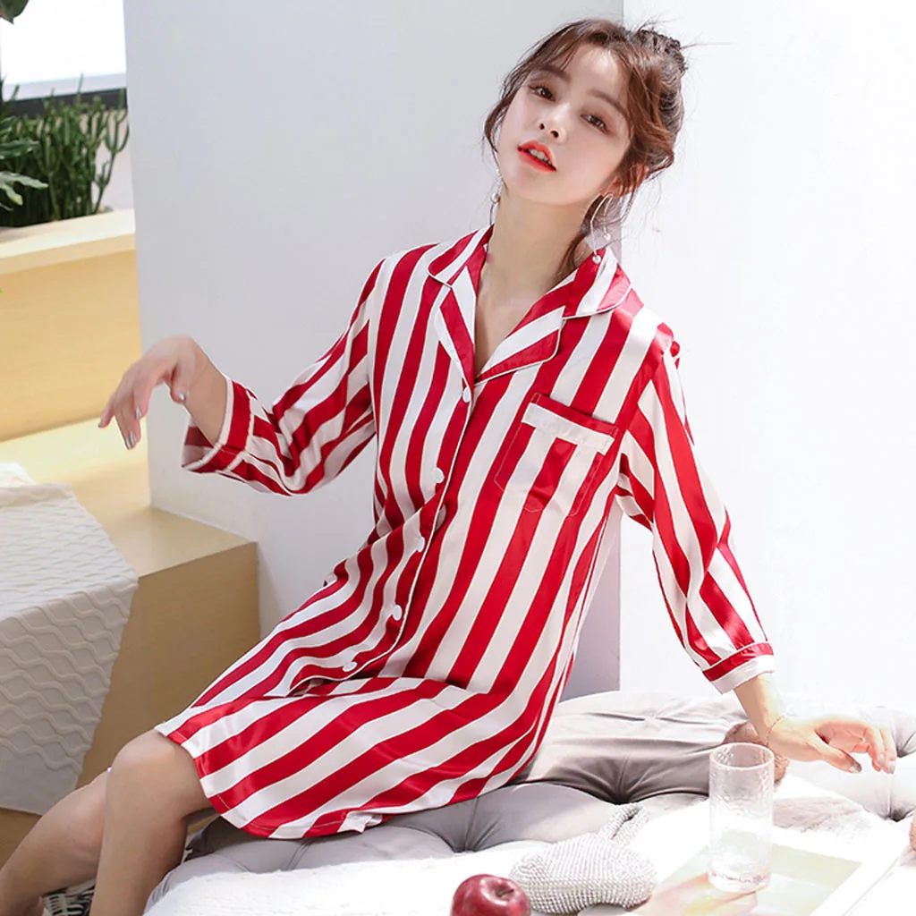 

Women's Sleep Shirt Dress Striped Turn-down Collar Button Nightgown Casual BF Style Homewear Nightgown For Girls