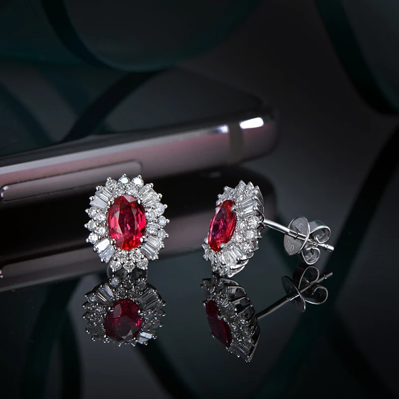 Caimao 1.18ct красный рубин серьги с 0.62ct H SI АЛМАЗ 14kt Белое Золото Изысканный заклепки