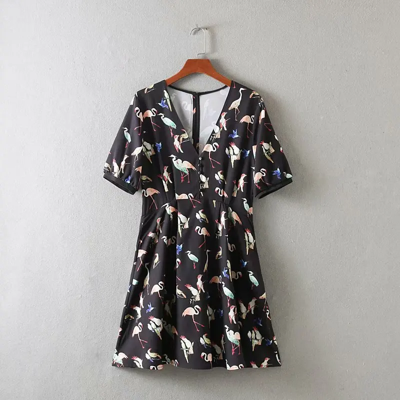 2019 женское винтажное мини-платье с принтом фламинго и пряжками Элегантное