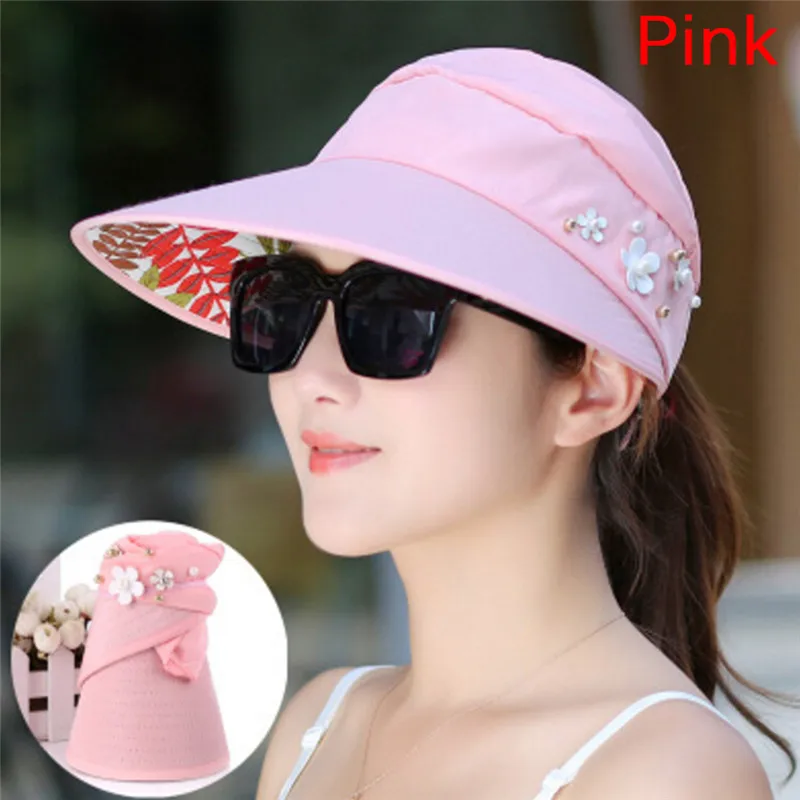 Мягкая шляпа пляжная с УФ защитой летняя складная жемчугом и солнцезащитным