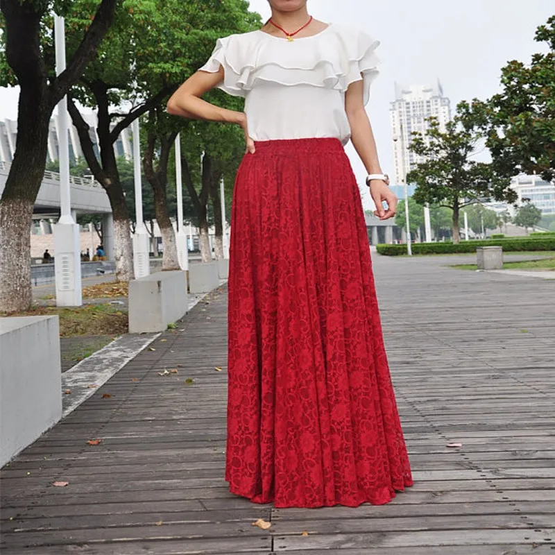 Весенне-летняя Изысканная кружевная юбка эластичная талия в пол длинная