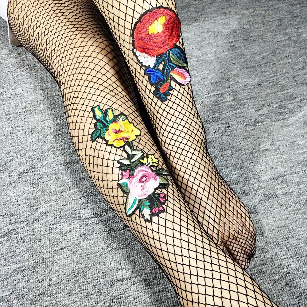 Хэллоуин китайский стиль Чулки с вышивкой колготки женские черные сетчатые