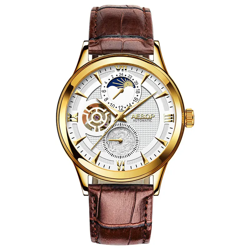 White brown B AESOP Moon Phase часы для мужчин автоматические механические часы модные золотые наручные часы Мужские часы Relogio Masculino - Цвет: White brown B