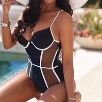 sexy mesh splicing one piece swimsuit women vintage swimwear 2018 sheer monokini see through beach bodysuit push up bathing suit