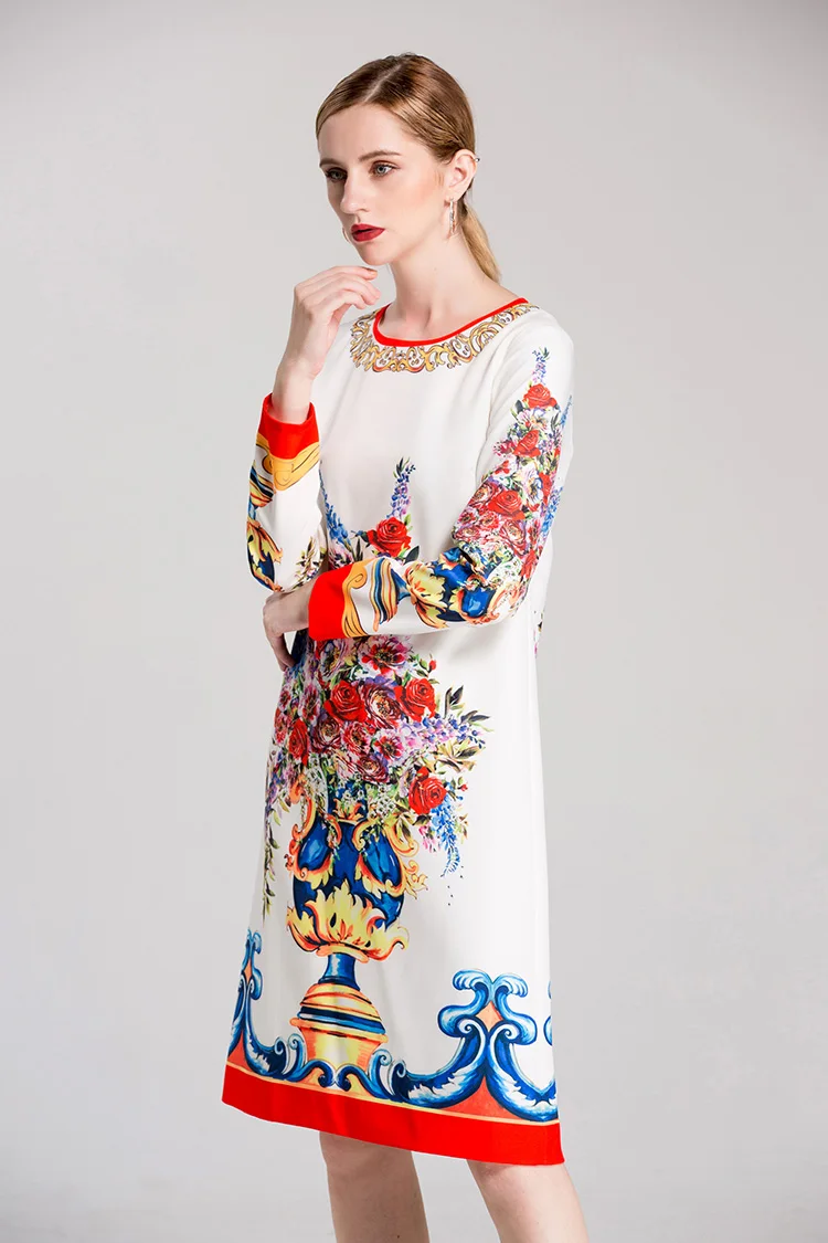 New Arrival 2018 Women's O Neck Long Sleeves Floral Printed Elegant Straight Fashion Dresses | Женская одежда
