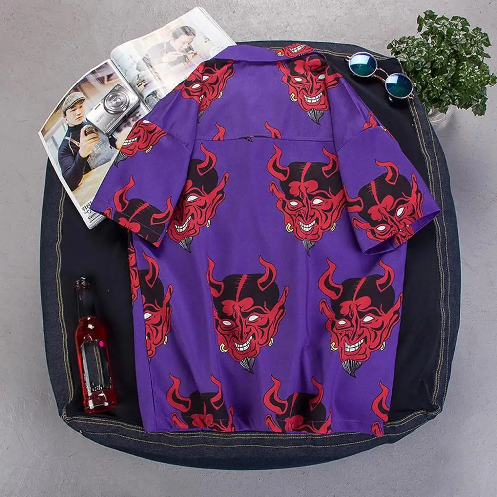 Camisa, уличная одежда, мужские рубашки, короткий рукав, дьявол, рэпер, Харадзюку, свободная Гавайская, с цветочным принтом, полная печать, летняя рубашка, Chemise Homme