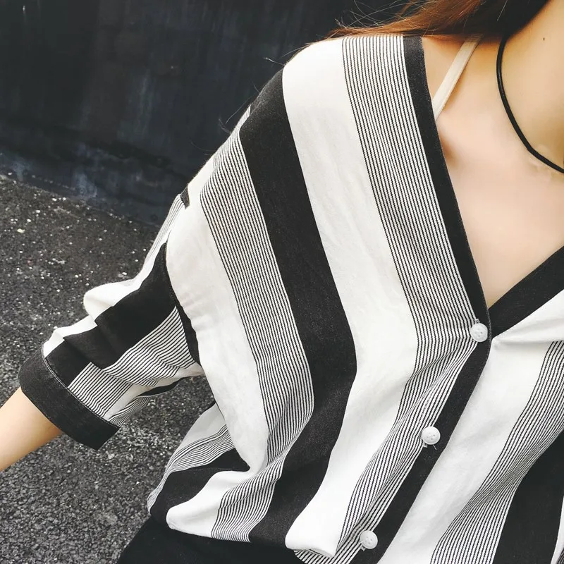 

Half Sleeves Blouses Women Striped Sexy Deep V-Neck Tops And Blouses Office Lady Long Shirts Female Basic Wild Top