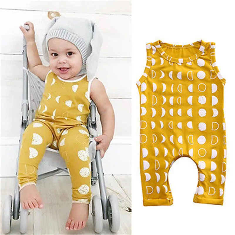 2017 Toddler Infant Baby Girl Boy Romper Sleeveless crescent moon Dots Yellow Jumpsuit Playsuit Outfits Clothes | Детская одежда и