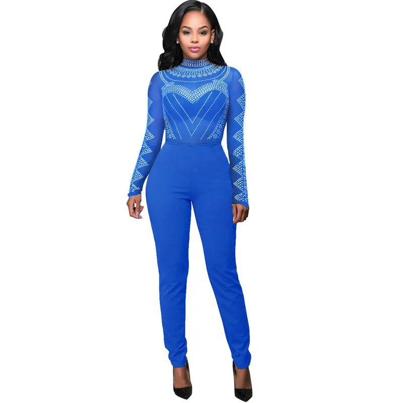 2017 Модные женские комбинезон длинные штаны комбинезоны сетки принты повязку