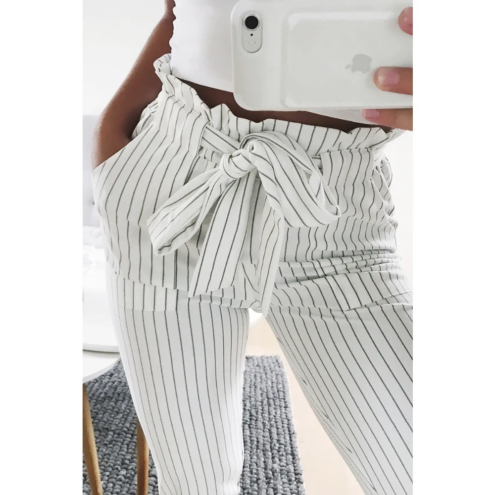 2018Women Striped OL Chiffon High Waist Harem Pants triped Elastic Bow Tie Drawstring Pockets Ladies Casual Trousers S M L | Женская