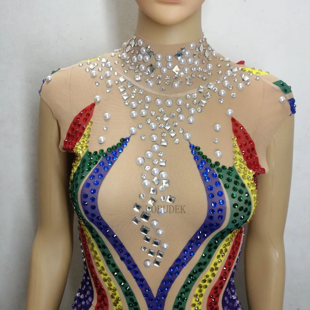 Боди в радужную полоску со стразами сексуальные прозрачные кристаллы кисточки