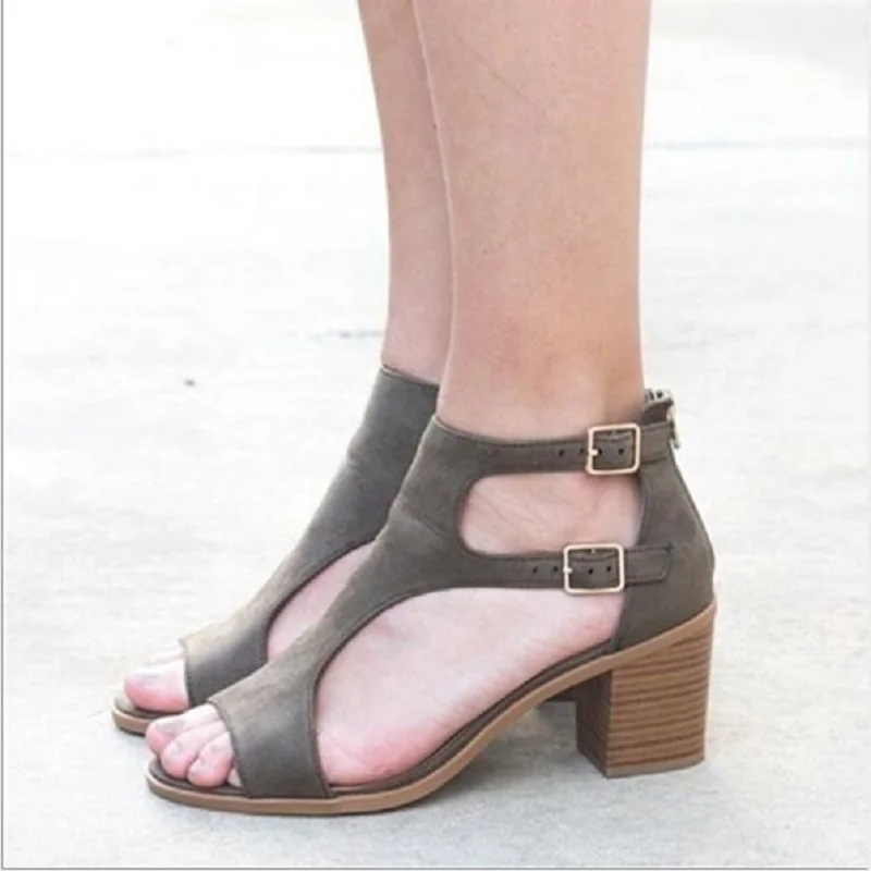 Женские сандалии с открытым носком размера плюс на молнии пряжкой толстом