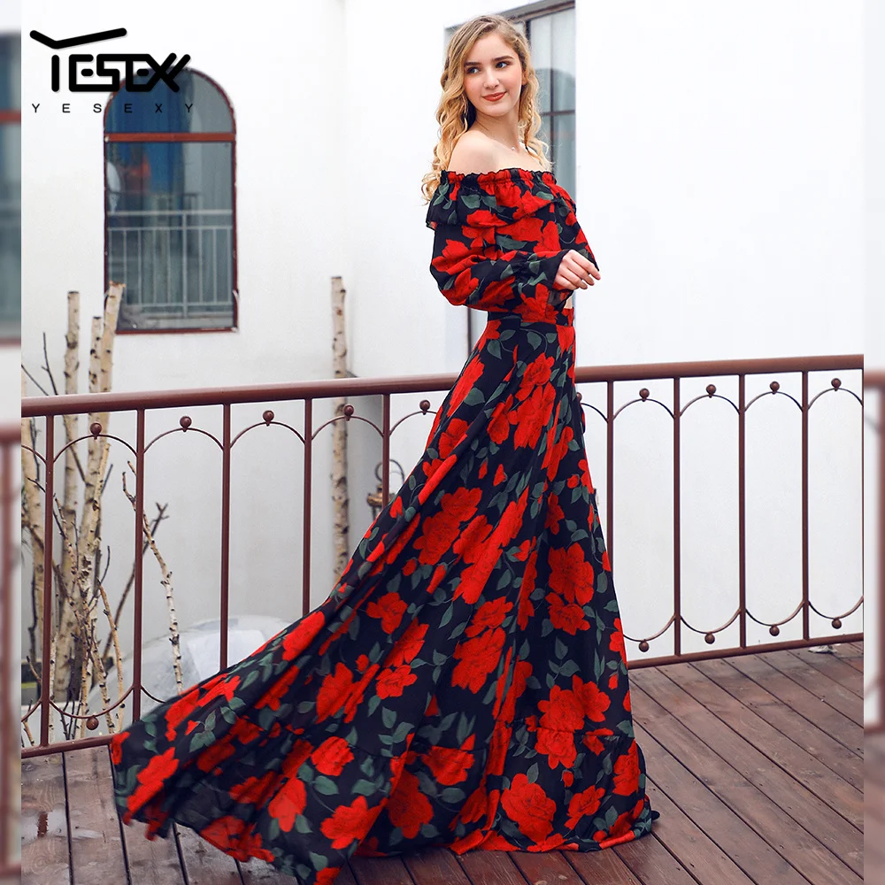 Yesexy женское летнее пляжное платье с открытыми плечами Макси Вечерние платья Элегантный принт комплект из 2 предметов женское платье с открытой спиной VR18834