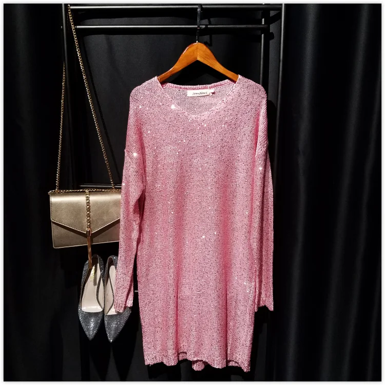 Женское Короткое трикотажное платье с блестками длинным рукавом и V образным