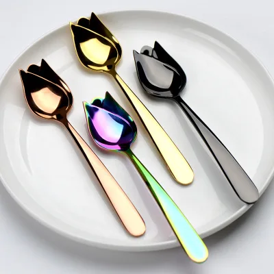 Big Tulip Flower Rose 304 Stainless Steel Coffee Stirring Scoop Dessert Milk Tea Drink Cafe Scoop Teaspoon Tea Dinner Spoon
