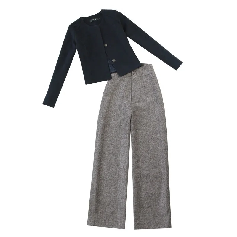 Женская коллекция осень зима 2019 синяя шерстяная короткая куртка с высокой талией