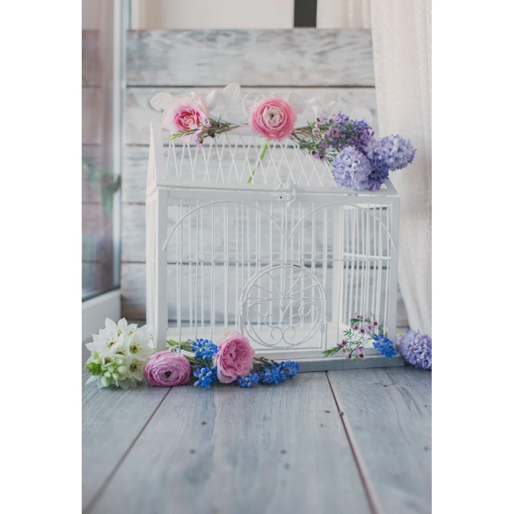 Laeacco Flowers Cage Wooden Floor Baby Birthday Party Portrait Photography Backgrounds Photographic Backdrops For Photo Studio |