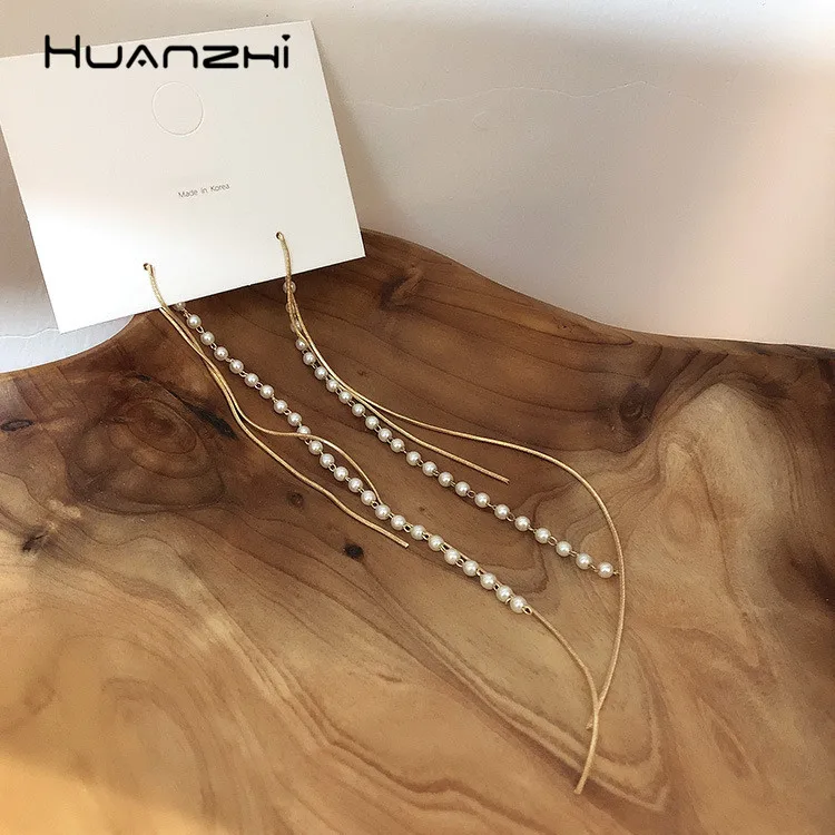 HUANZHI, новинка, элегантные, шикарные, S925, имитация жемчуга, кисточка, точка, линия, длинные висячие серьги для женщин, девушек, вечерние, для путешествий, подарок, ювелирное изделие