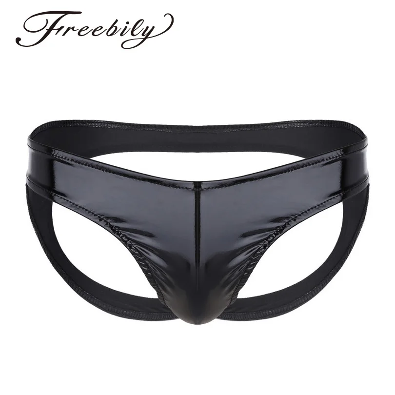 Черные мужские трусы бикини из лакированной кожи с открытой спиной и низкой