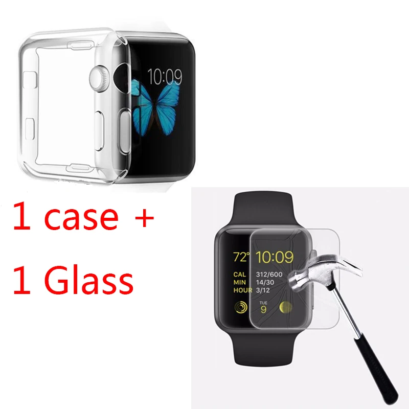 Закаленное стекло + чехол из ТПУ для Apple Watch Аксессуары 42 мм 38 iWatch Series 3 2 1 Защитная