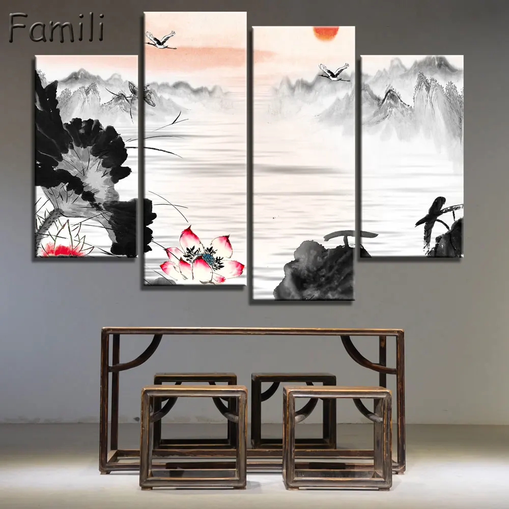 4 панели старинная китайская раскраска кистей принт холст лотос пруд